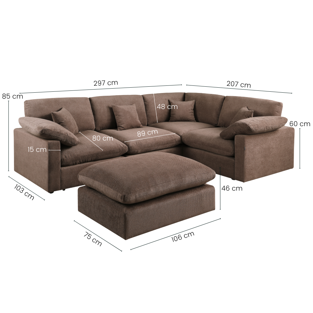 Alva Cloudsofa 4-seters Hjørnesofa m. Puff - Høyrevendt - Brun