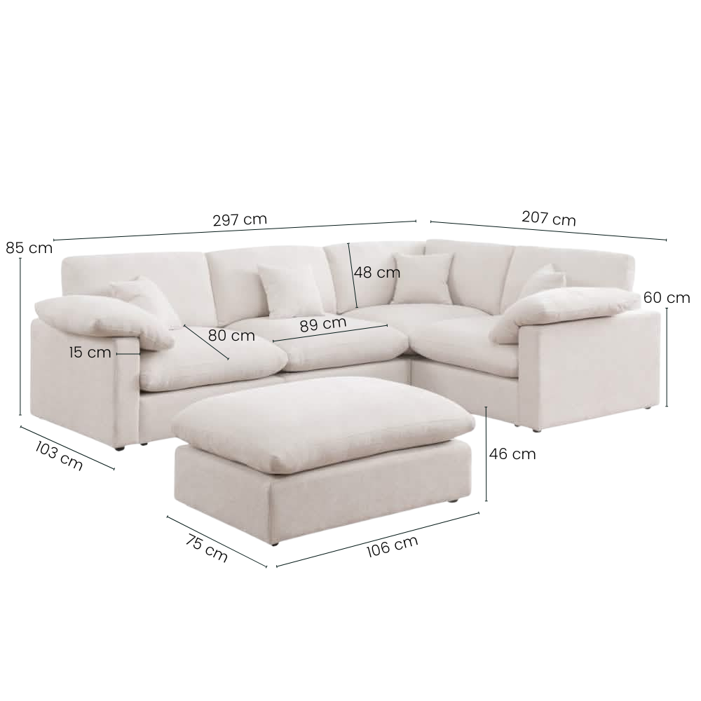 Alva Cloudsofa 4-seters Hjørnesofa m. Puff - Høyrevendt - Beige