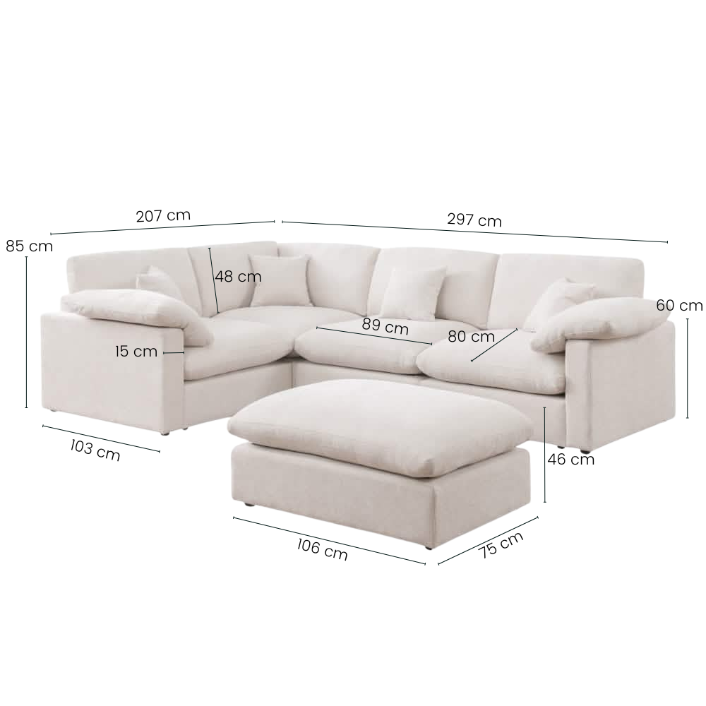 Alva Cloudsofa 4-seters Hjørnesofa m. Puff - Venstrevendt - Beige
