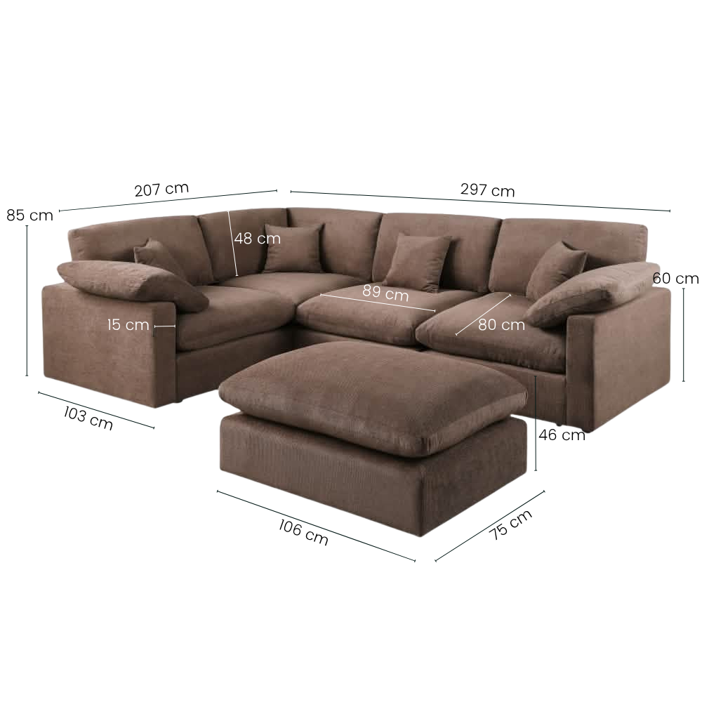 Alva Cloudsofa 4-seters Hjørnesofa m. Puff - Venstrevendt - Brun