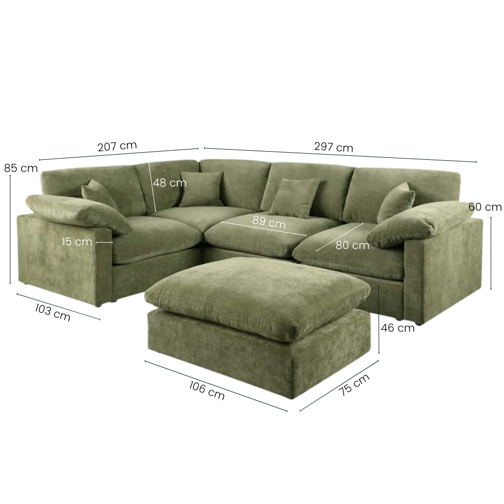 Alva Cloudsofa 4-seters venstrevendt hjørnesofa inkl. puff - Grønn