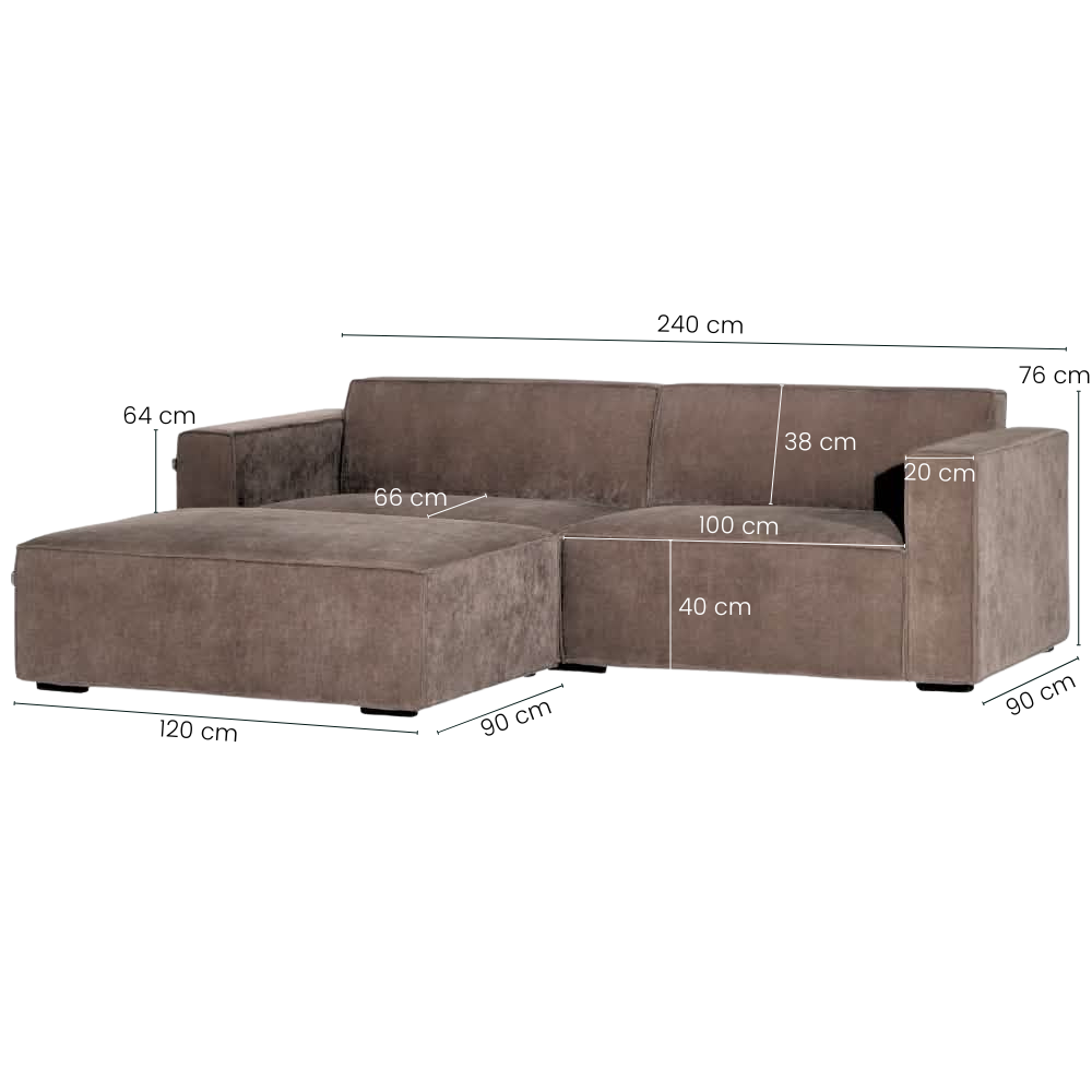 Balu Sofa - Grå/Brun Fløyel inkl. puff - 240 cm