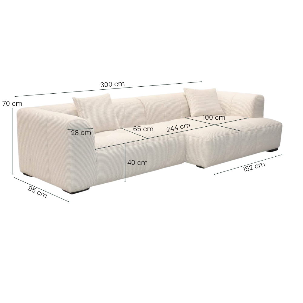 Bora Sofa - Lys Bredstripet Kordfløyel - Venstrevendt - 300 cm