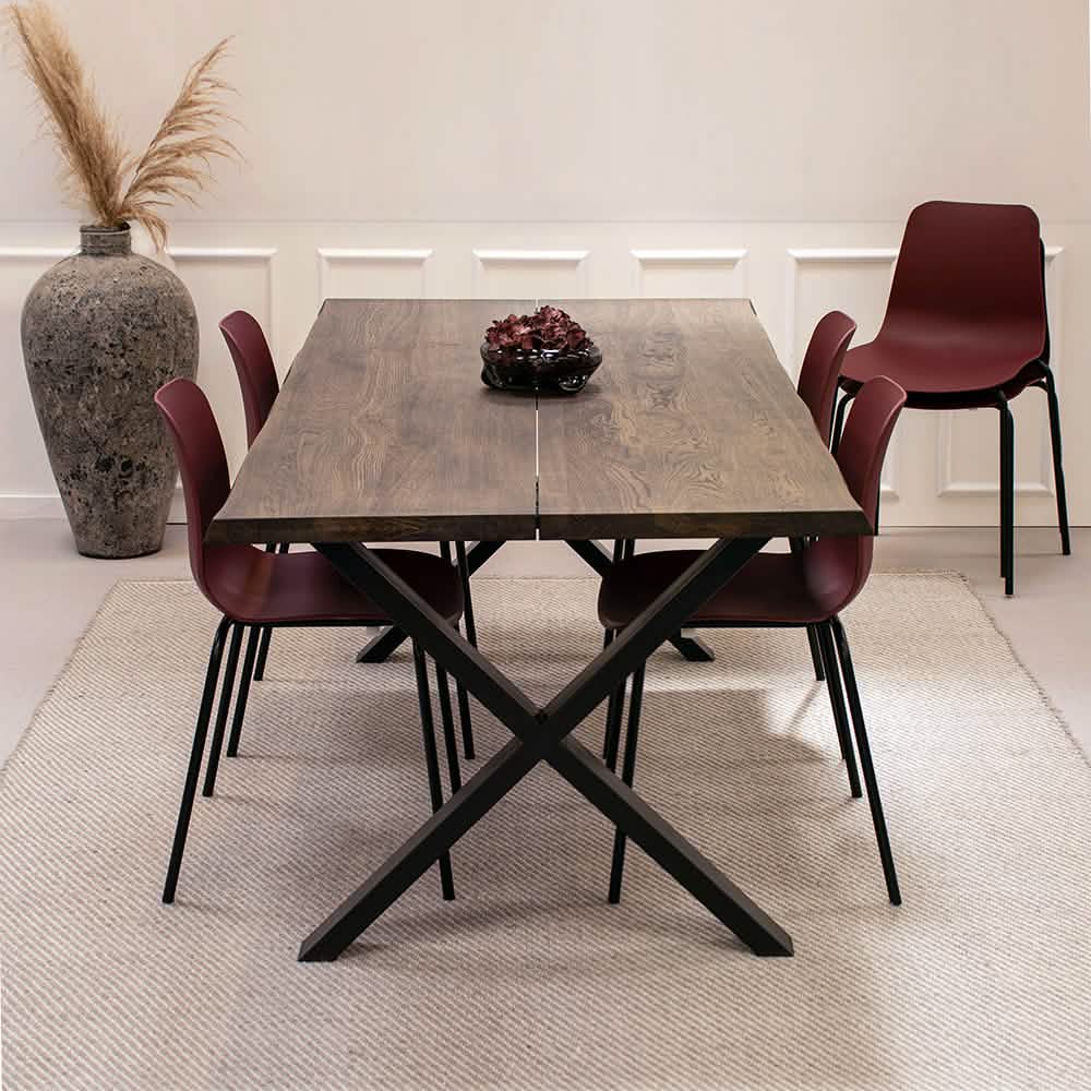 Spisebordsett - Venus Plankebord 200 cm Smoked Eik + 4 stk. Karlo spisesstol i Bordeaux