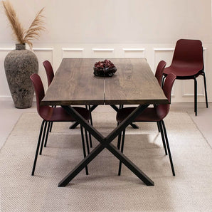 Spisebordsett - Venus plankebord 200 cm Smoked Eik + 4 stk. Karlo spisesstol i bordeaux