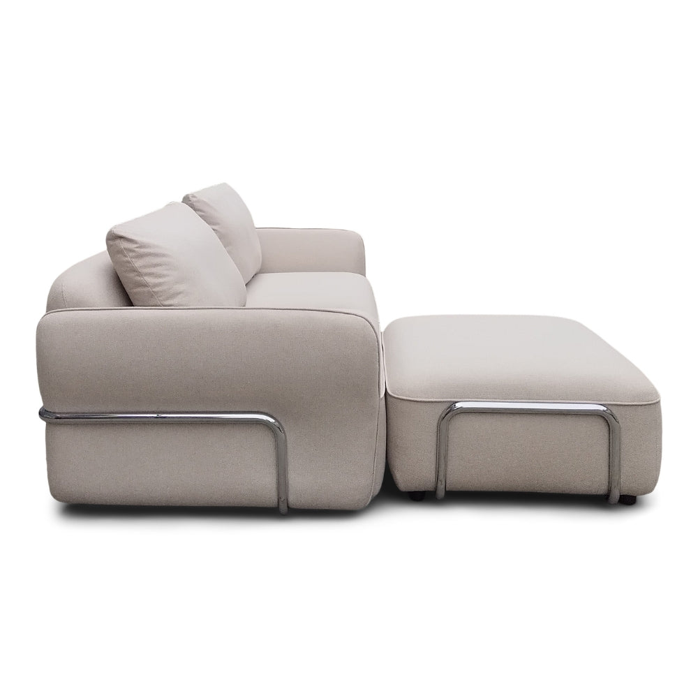 Lino Chrome Sofa m. Puff - 230 cm - Beige Stoff