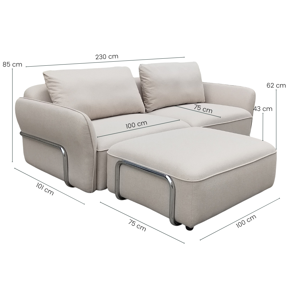 Lino Chrome Sofa m. Puff - 230 cm - Beige Stoff