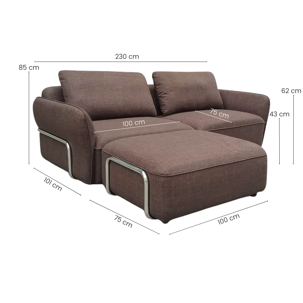 Lino Chrome Sofa m. Puff - 230 cm - Brun Stoff