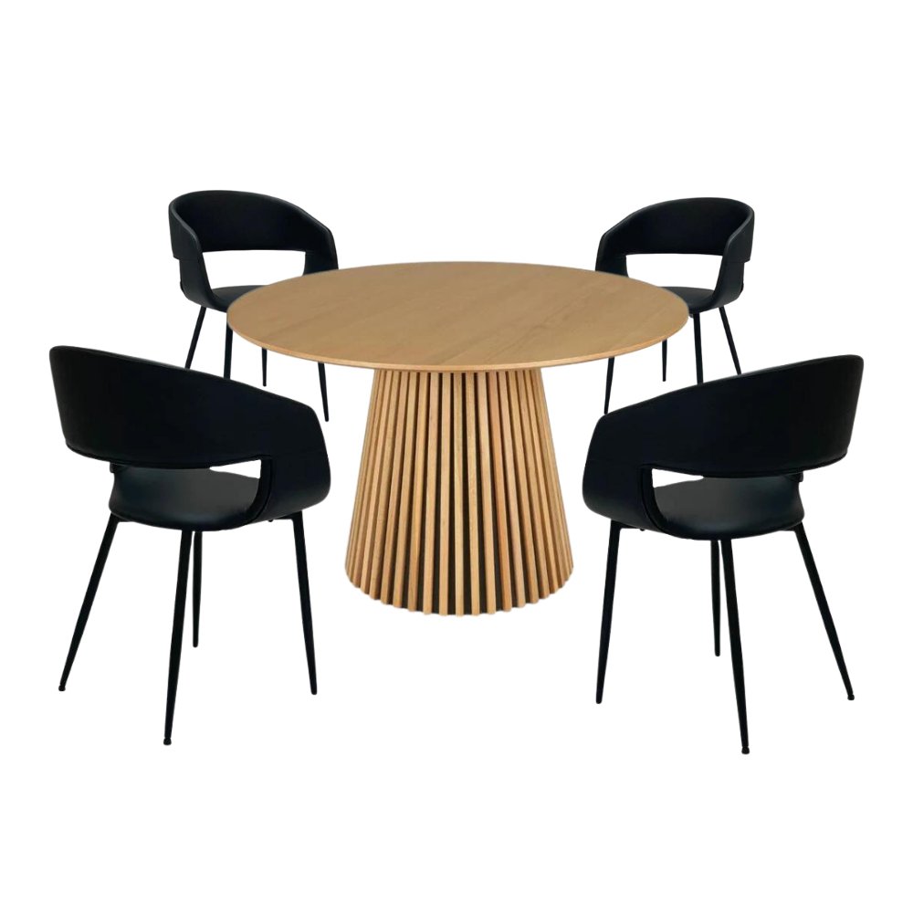 Spisebordsett - Måne Lamel Spisebord Natur + Nilo Sort PU (4 stk)